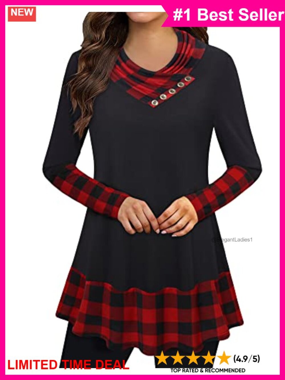 Gaharu Women's Long Sleeve Button Cowl Neck Tunic Top Work Casual